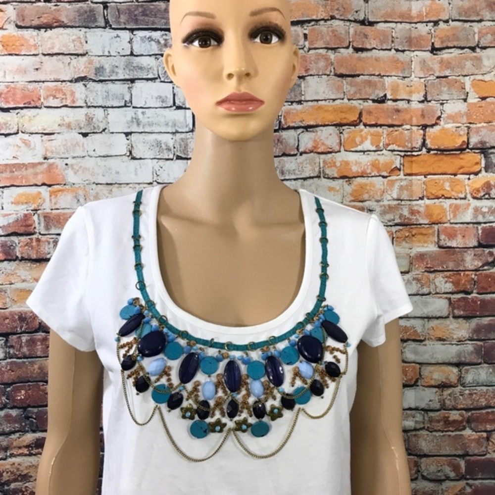 Cache Embellished Beaded White Top Size M